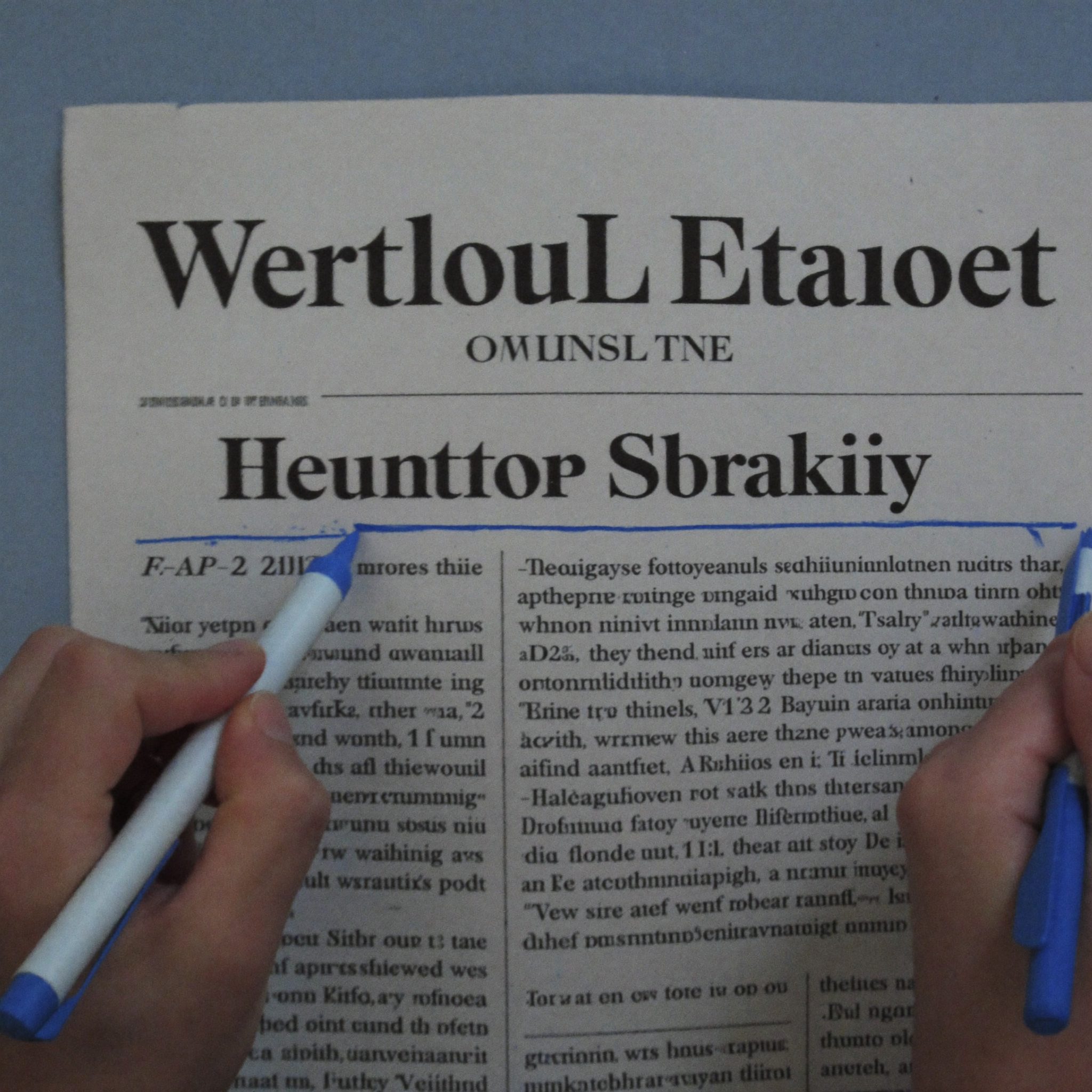 Hands annotating a printed newspaper article with a pen