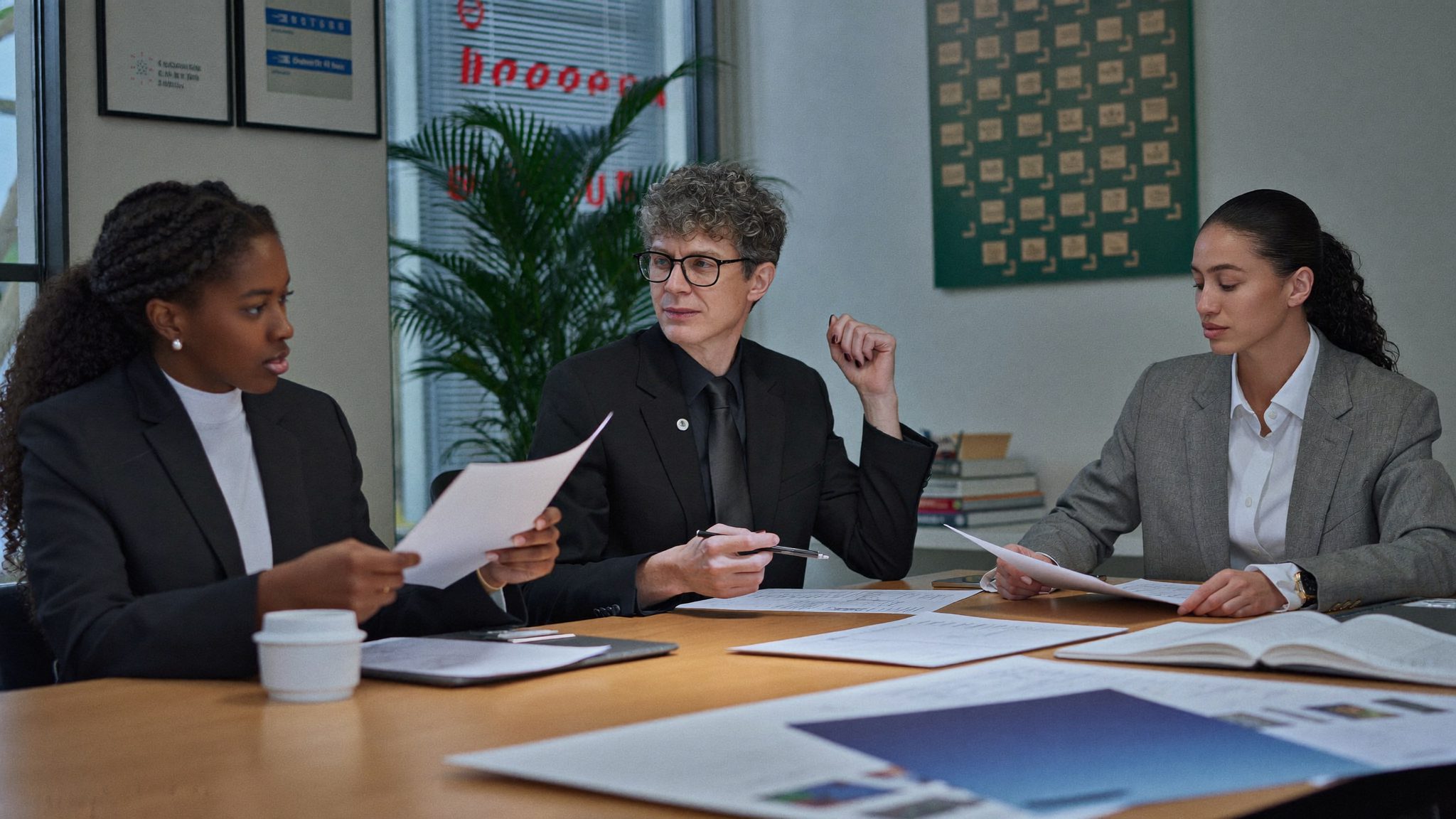 Three colleagues reviewing printed documents together at a desk